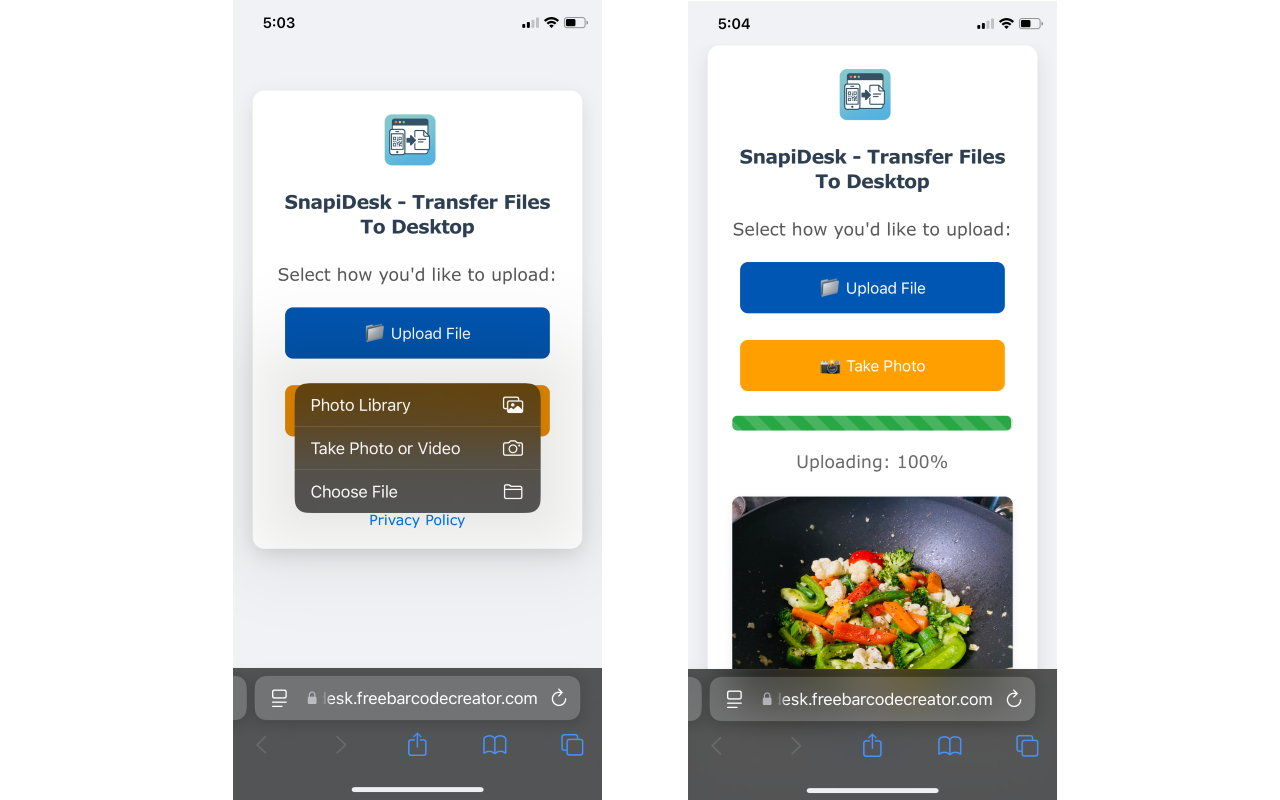 Mobile Device Upload Options (Take Photo/Upload File)
